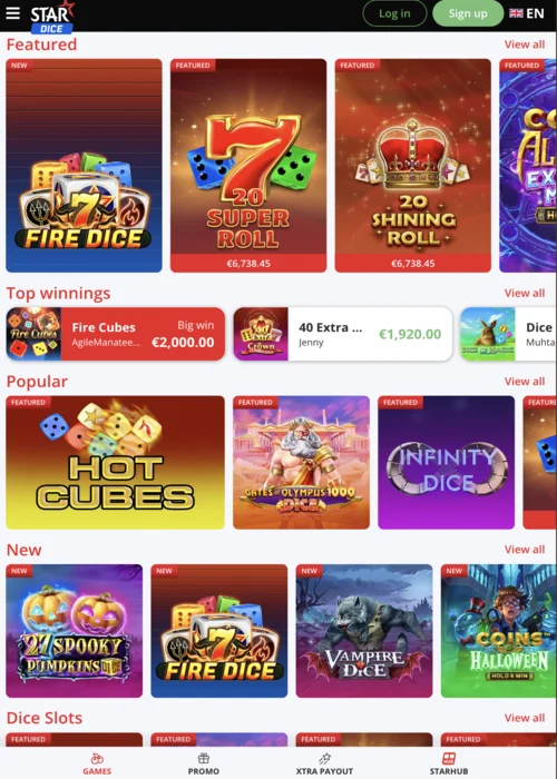 Stardice Casino premium gaming lobby met live dealers en high-limit tafels